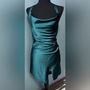 Green satin halter mini dress